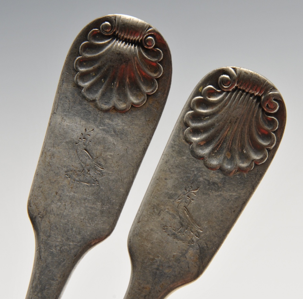Four Victorian Scottish silver table forks and five table spoons in Fiddle Shell pattern with - Image 5 of 8