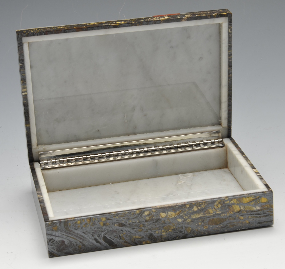 A 1930's ornamental marble box, the oblong form inlaid with jasper and silver. Signed to the inner - Image 2 of 3