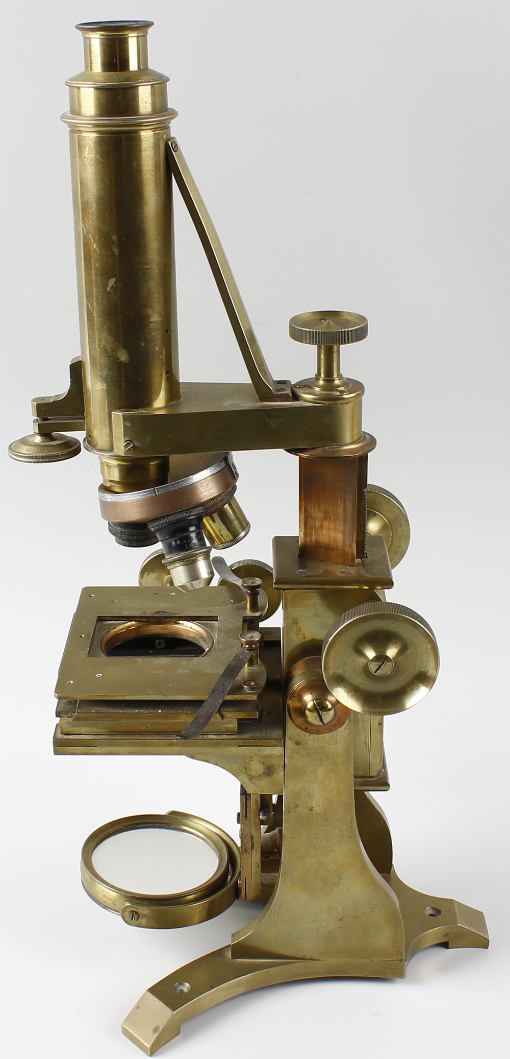 A monocular brass microscope, having rack and pinion coarse adjustment above an adjustable - Image 2 of 3
