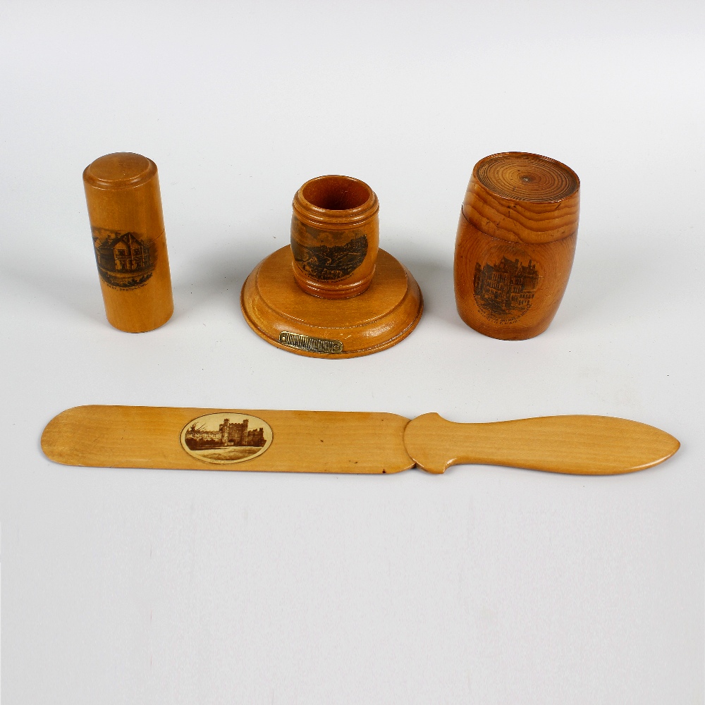 Eight items of late Victorian treen Mauchlineware. Comprising six with printed views; a barrel-