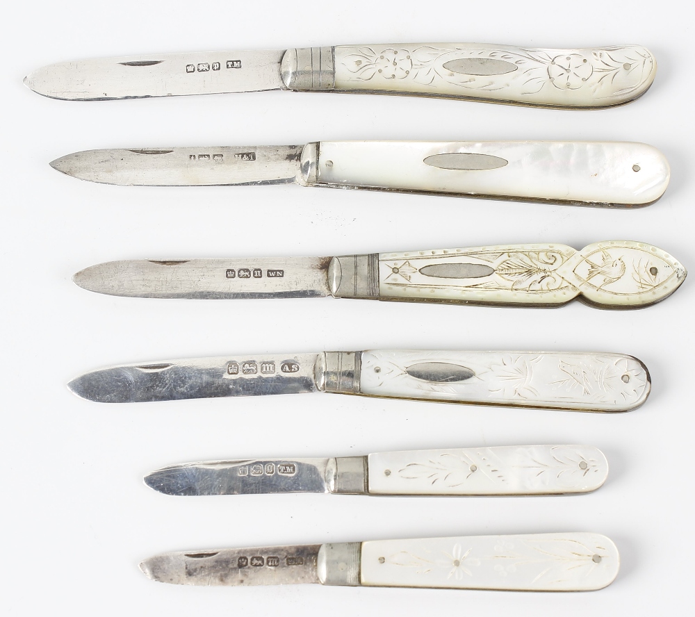 Six silver bladed fruit knives, each with a hallmarked folding blade and mother of pearl veneered - Image 2 of 2