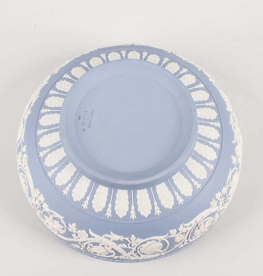 A Wedgwood blue jasperware fruit bowl. Of squat circular form, decoration with a frieze of oak - Image 2 of 2