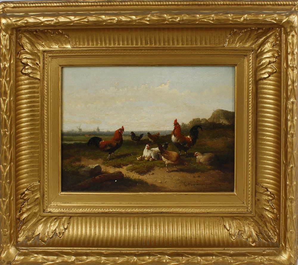 Cornelius Van Leemputten (Belgian, 1841-1902) Landscape with roosters, hens and chicks Oil on - Image 2 of 2