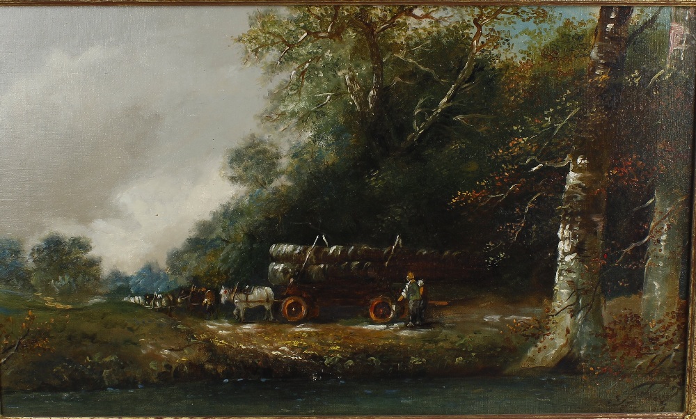 Oil on canvas Logging scene with river to the fore Indistinctly signed to lower right hand corner 29 - Image 2 of 3