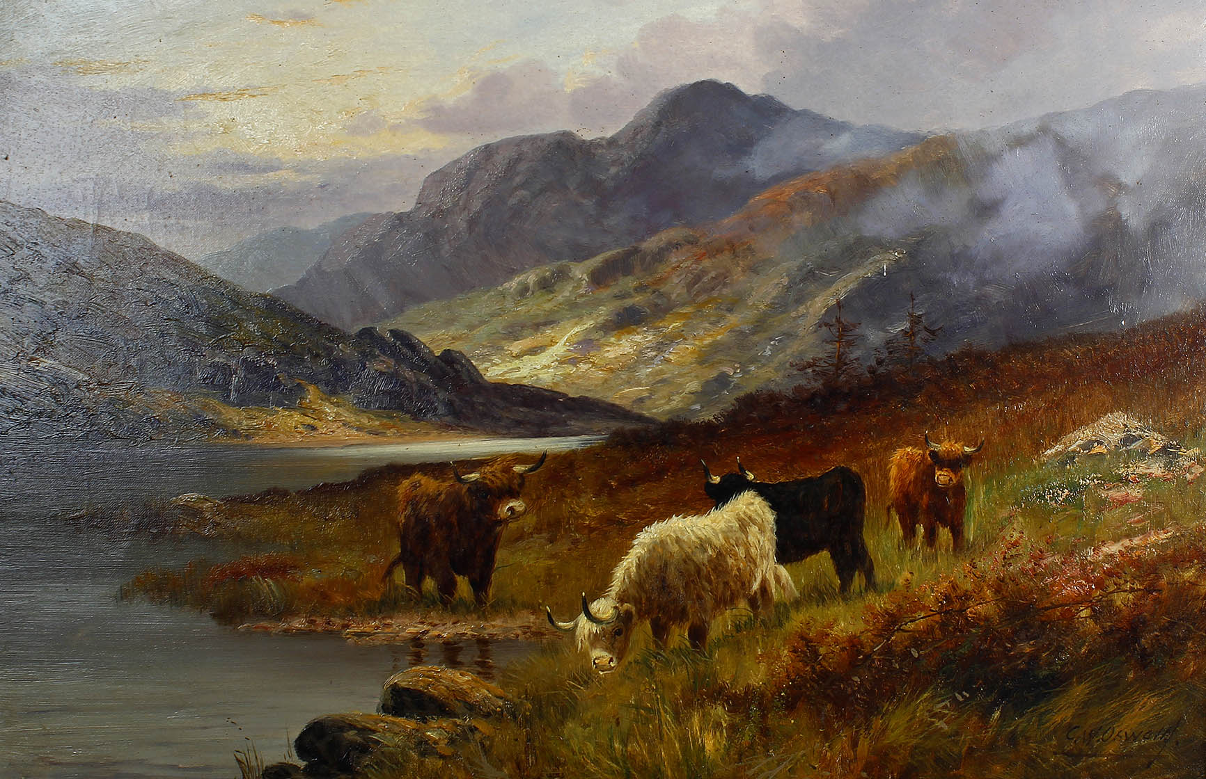 Charles W. Oswald (fl. 1890-1899) A pair of oils on canvas Landscapes with highland cattle Signed