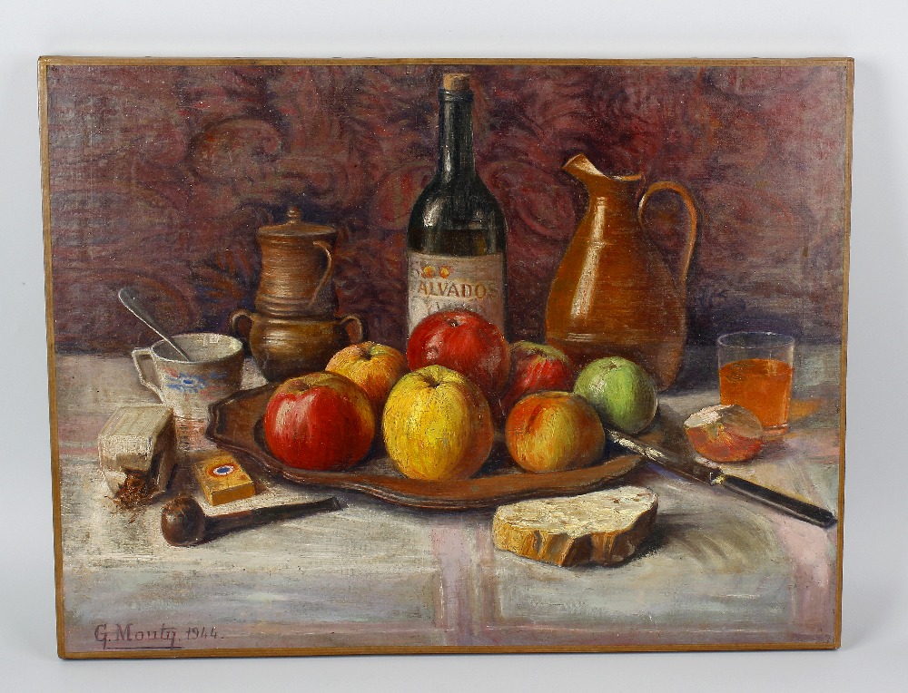 A group of 20th century oil paintings. Still lives to include a study of fruit and objects on a