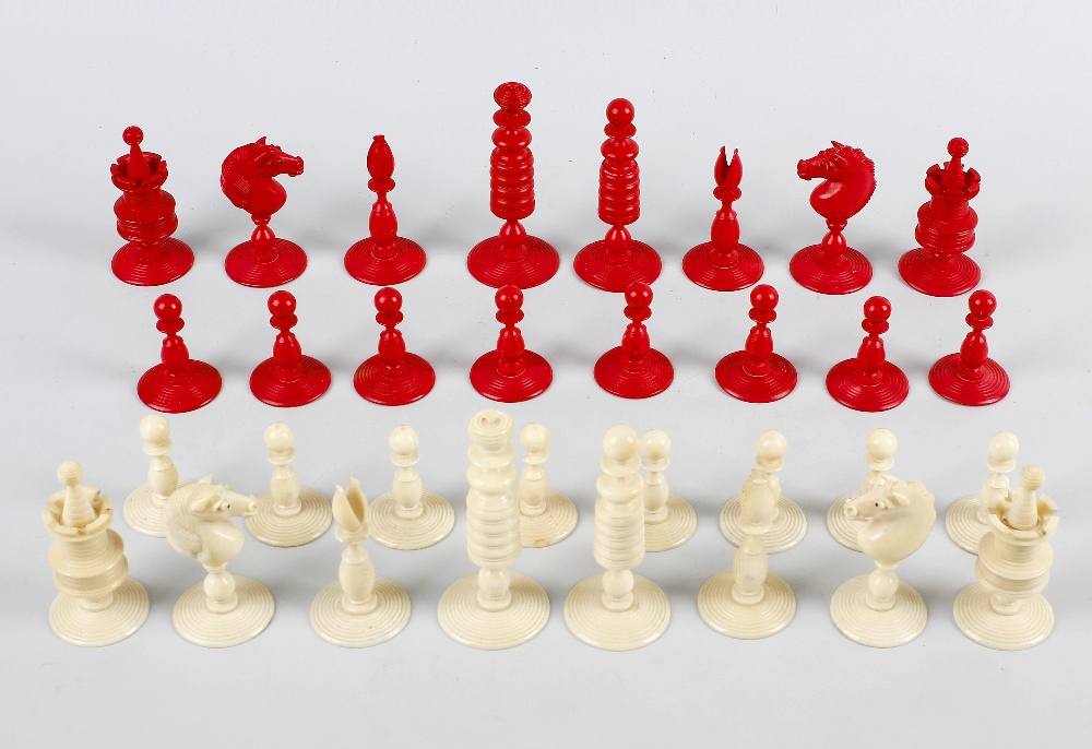 A 19th century ivory 'Barleycorn' type chess set, evolved from 'Captain Cook' pattern of c.1770,