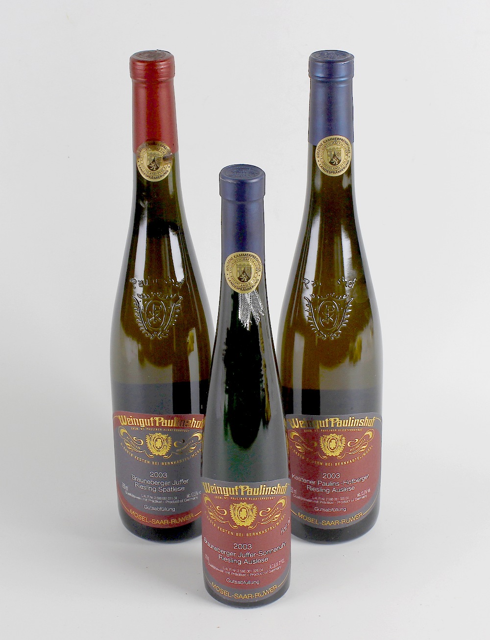 Seven bottles of assorted wines, comprising Weingut Paulinshof 2003 Brauneberger Juffer Riesling