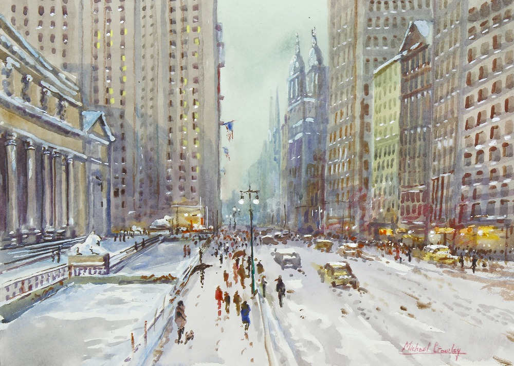 Michael Crawley (Modern) Winter 42nd St, New York Watercolour Signed to lower right hand corner 14.5