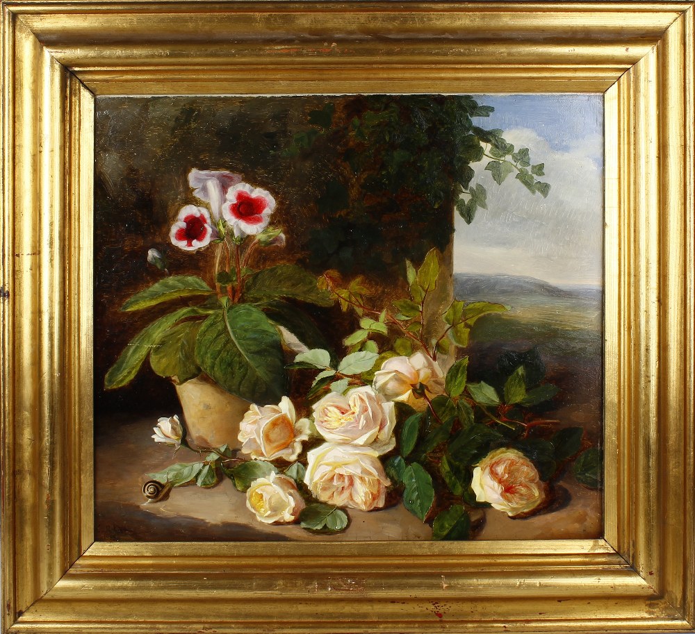 C. Robert (late 19th century)Still life with pink roses, potted plant and snail before a landscape - Image 2 of 3