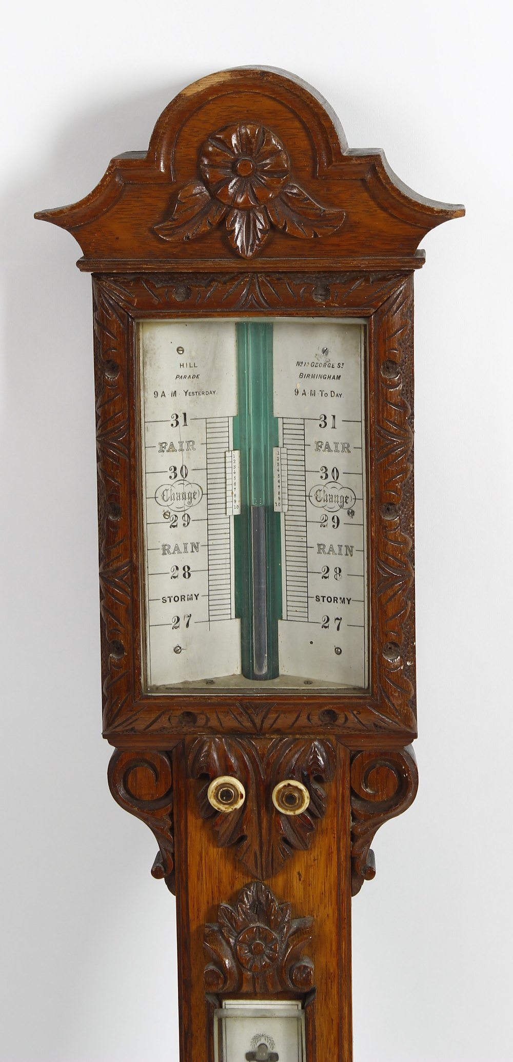 A late Victorian carved oak stick barometer Hill, Birmingham The break-arched and flowerhead- - Image 2 of 3