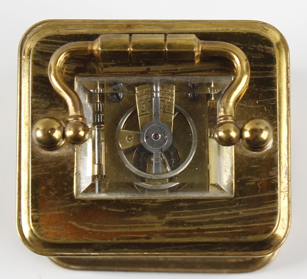 A miniature brass corniche case (mignonette) carriage clock, the cream enamelled Arabic dial with - Image 5 of 5