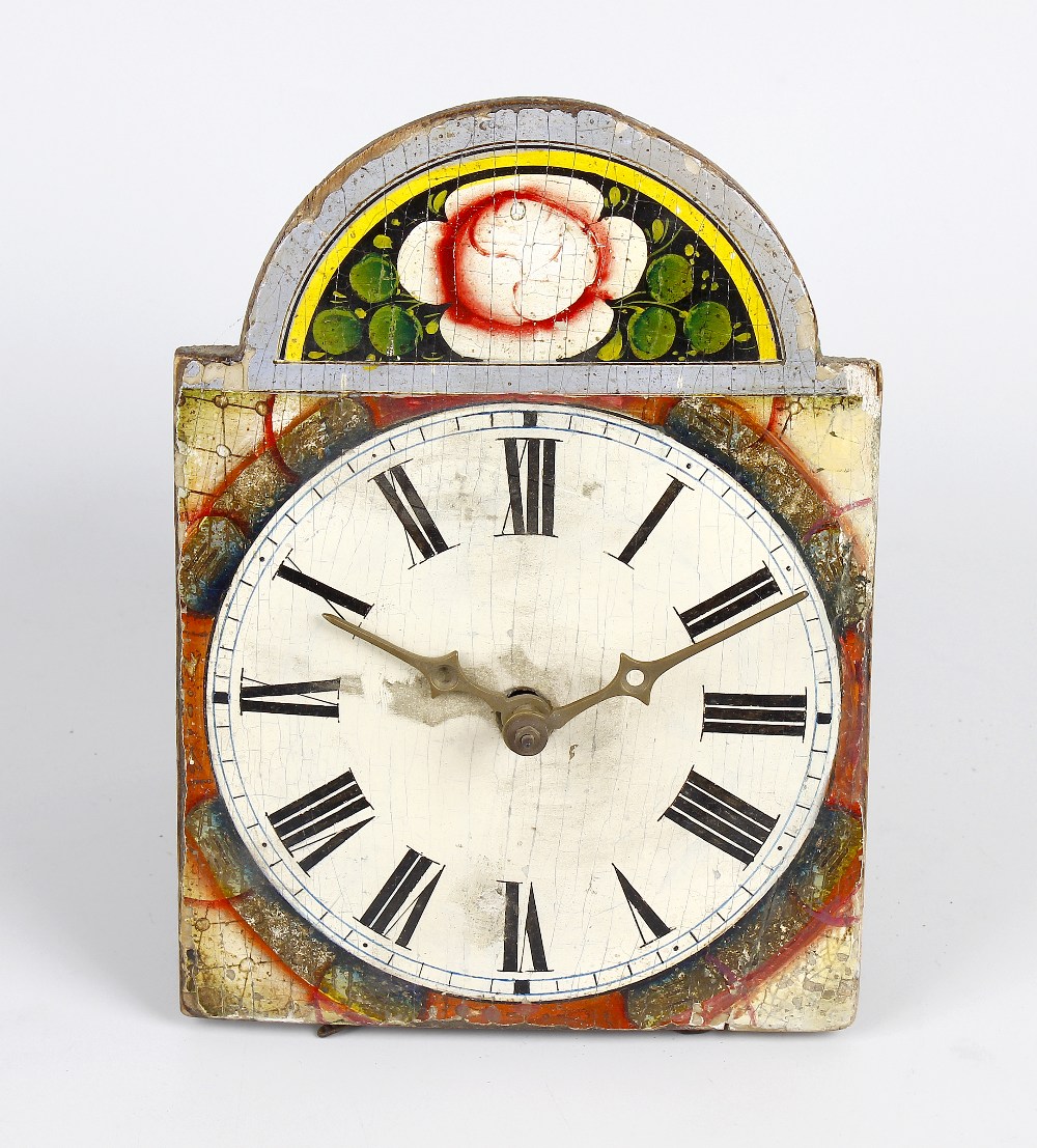 A small German wall timepiece The 5-inch break-arched painted Roman dial with floral arch, the