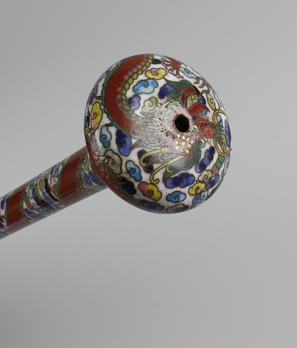 A cloisonne mounted parasol. The cylindrical handle with bun finial having cloisonne dragon upon a - Image 2 of 2