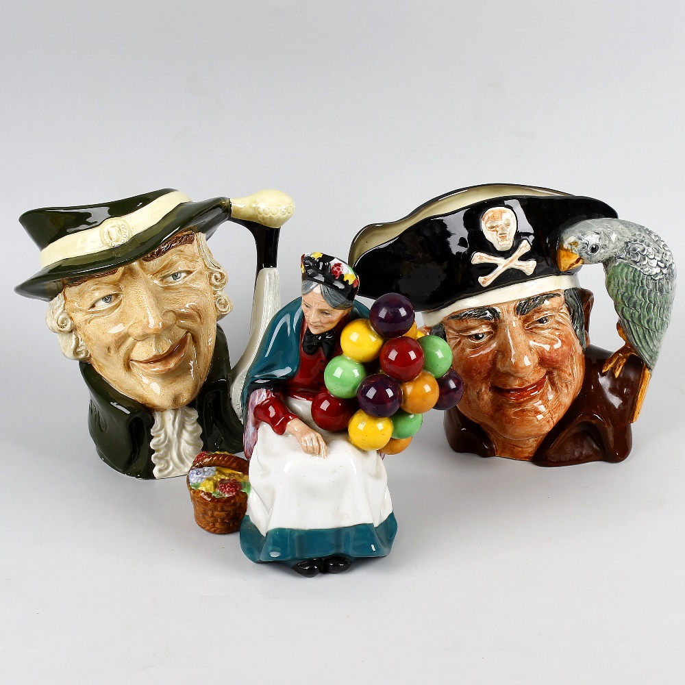 Two Royal Doulton character jugs and two Doulton figures Comprising: Long John Silver D6335, Regency