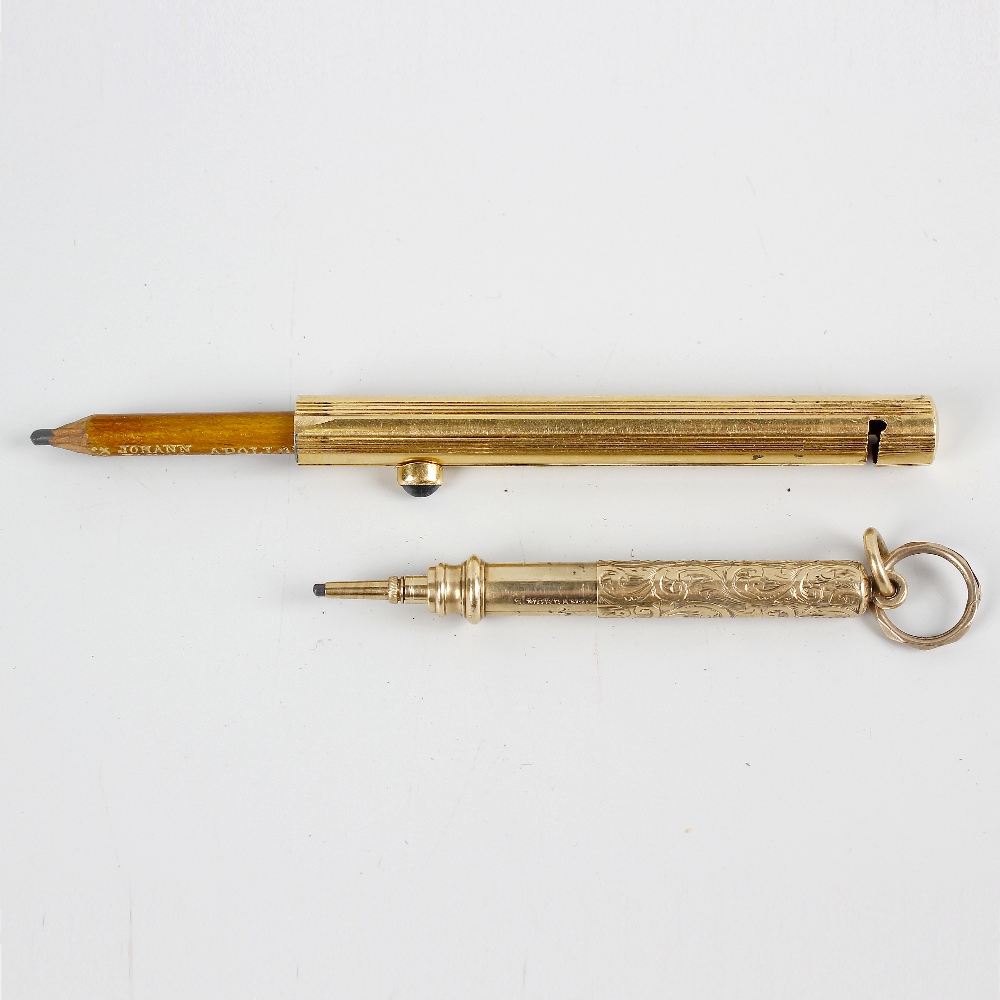 A Sampson Mordan & Co. yellow metal retractable pencil, of telescopic form having foliate engraved