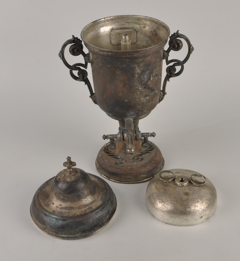 A box containing assorted metal wares. To include a plate on copper patent percolator, of urn form - Image 2 of 3