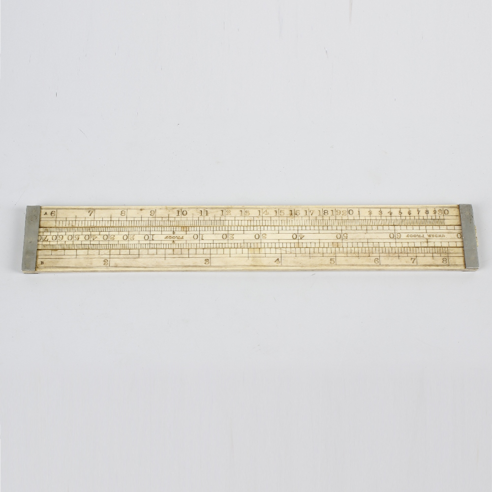A Victorian ivory slide rule. The edge stamped 'LOFTUS MAKER 321 OXFORD ST. LONDON', of three