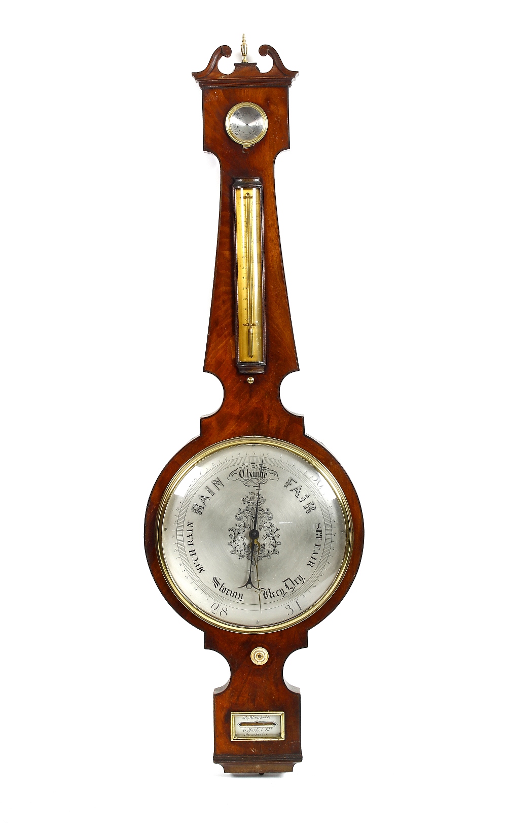 A large mid 19th century mahogany wheel barometer, Ronchetti, Manchester, (fl. 1832-1852), the 12-