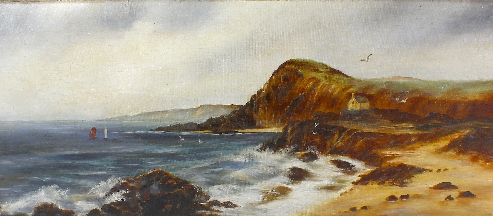 Oil on canvas (Modern) Coastal scene with distant Cliffside cottage Unsigned 30.5 x 12.5 (77.5 cm