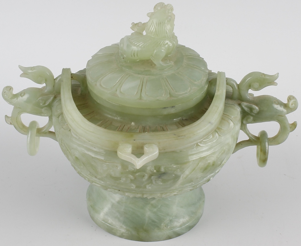 A Chinese carved green hard stone bowl and cover, the body carved with dual dragon and pearl - Image 6 of 7