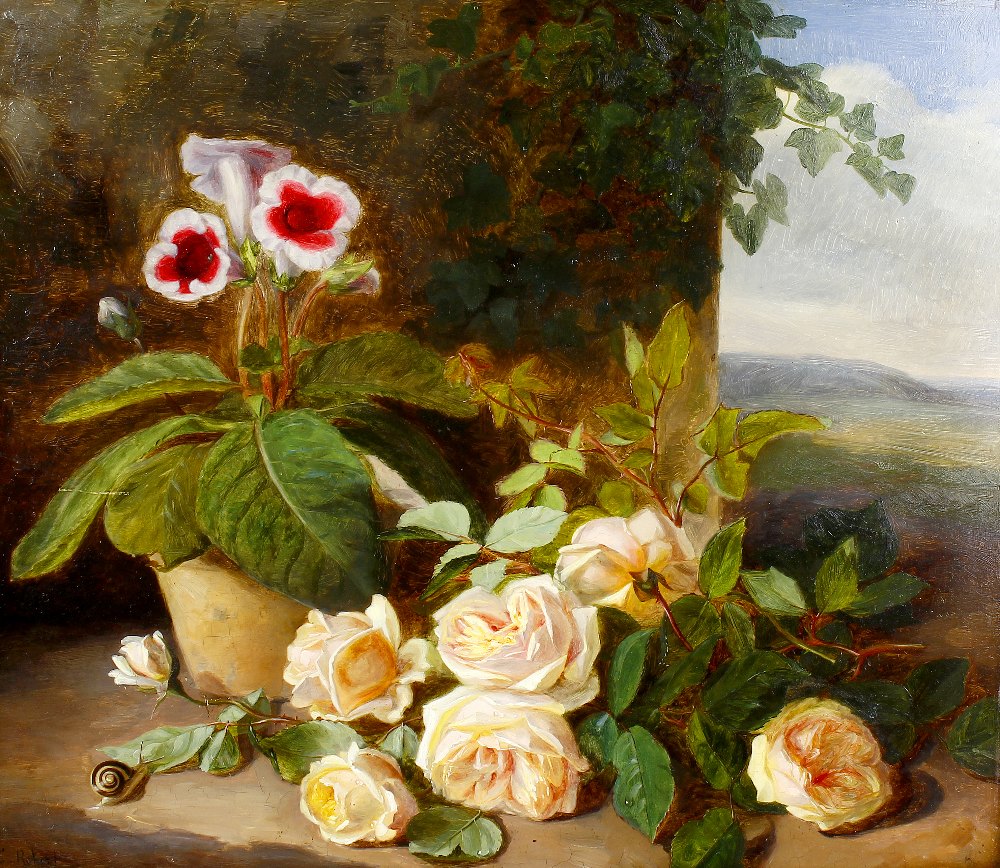 C. Robert (late 19th century)Still life with pink roses, potted plant and snail before a landscape