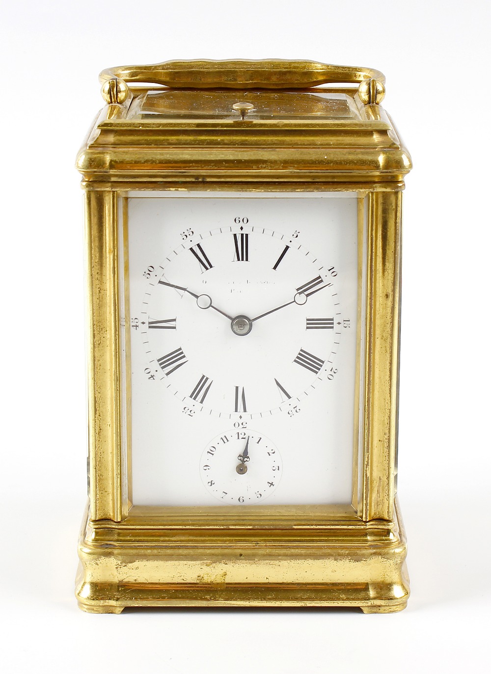 A third quarter 19th century brass gorge-cased carriage clock. Drocourt, Paris. The white enamel