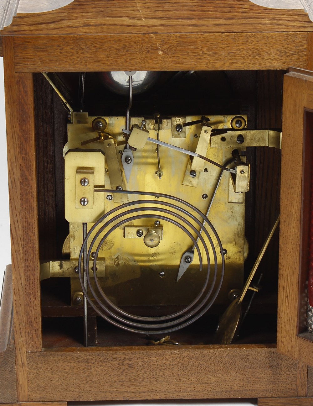 A good late 19th century oak-cased triple fusee bracket or table clock The 6.5-inch arched brass - Image 2 of 2