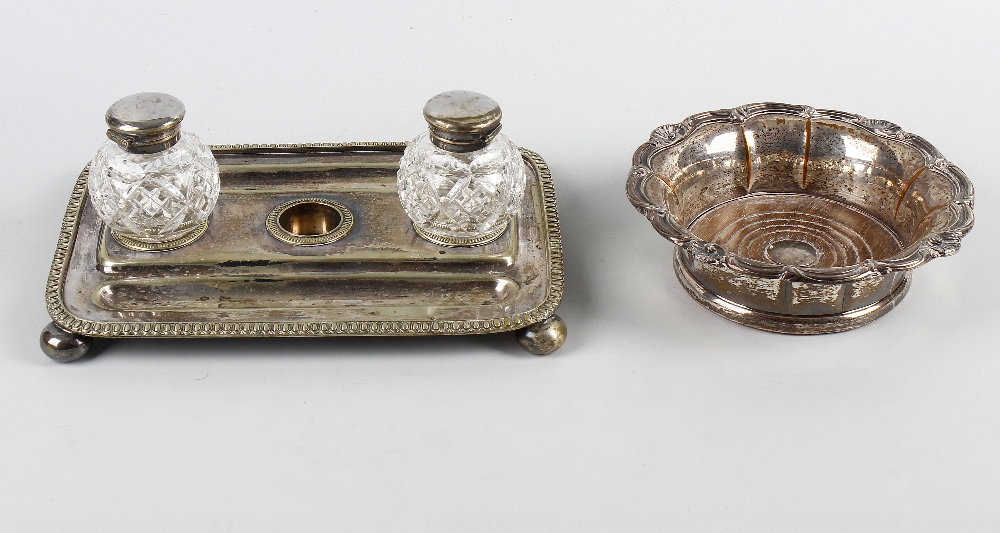 A box of assorted silver plated items. To include a Walker & Hall desk stand with two cut glass