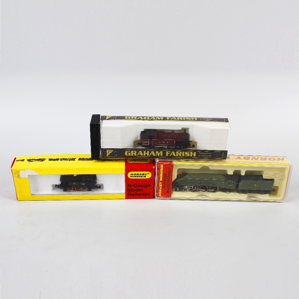 Six Hornby Minitrix and Graham Farish N gauge model railway locomotives. To include Mallard, BR