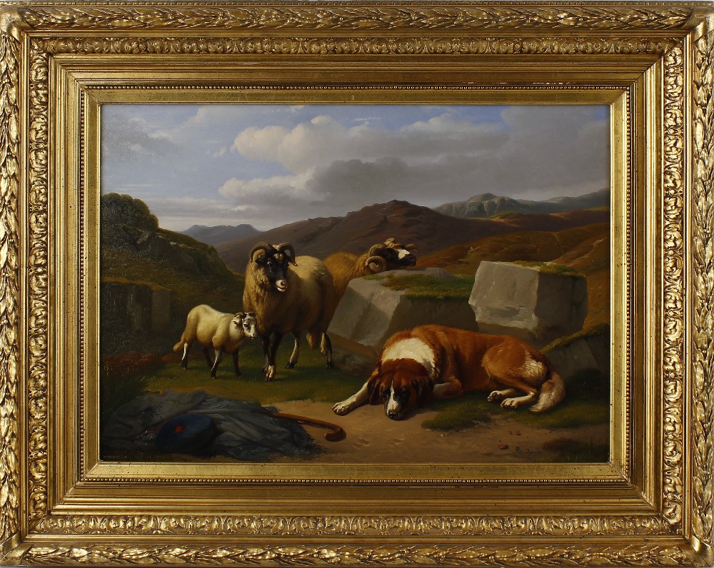 Adolphe Robert Jones (Belgian, 1806-1874) Mountain scene with sleeping dog and sheep beside a pile - Image 2 of 3