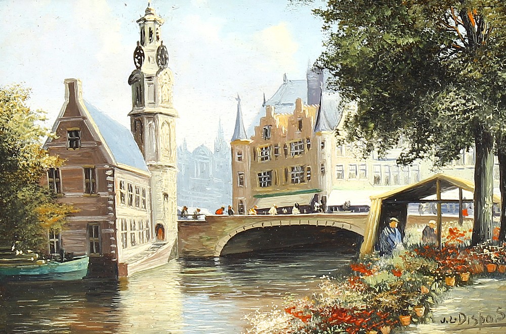 J. L. Dispo (Dutch, 1922-1973)An Amsterdam canal scene Oil on panelSigned lower right5 x 6.75 (12.