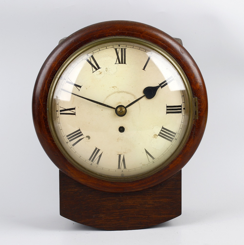 A small mid 19th century oak-cased single-fusee wall clock With 8-inch cream-painted convex Roman