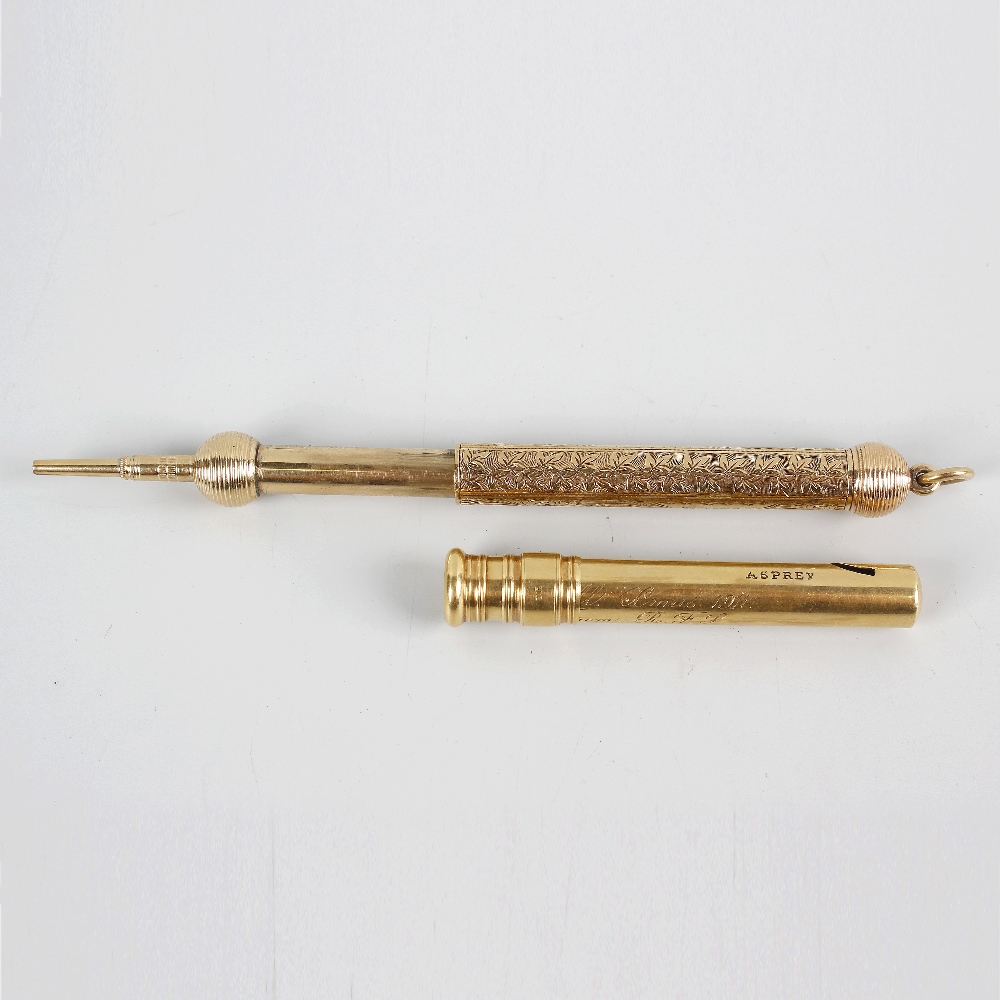 An 18ct gold retractable pencil holder, with retailer's mark for Asprey, of plain cylindrical form