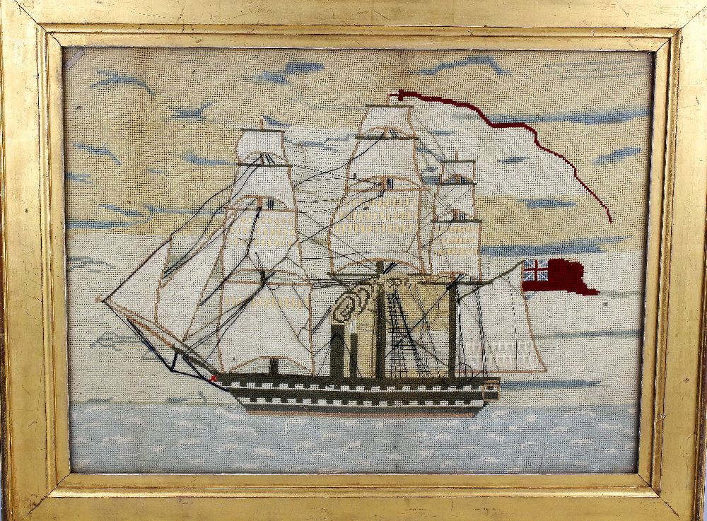 A Victorian woolwork sampler. Depicting a steamship rigger upon a calm sea, 23.5 x 17.5 (59.9 cm x