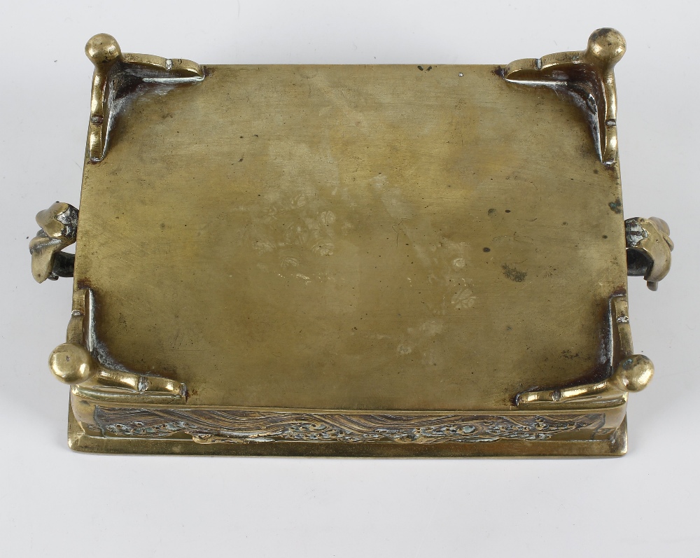 A Japanese bronze bonsai planter. Of rectangular two-handled trough form cast with fish (perhaps - Image 2 of 2