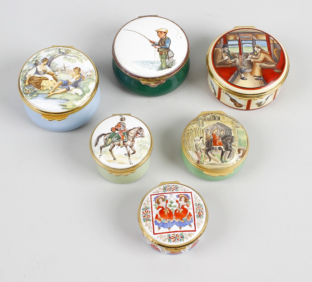 A group of nine assorted enamel boxes. Comprising three Halcyon Days (one drum-shaped Fashion box