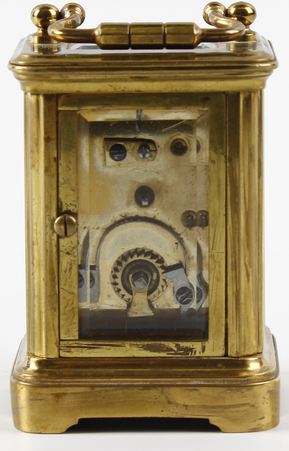 A miniature brass corniche case (mignonette) carriage clock, the cream enamelled Arabic dial with - Image 3 of 5