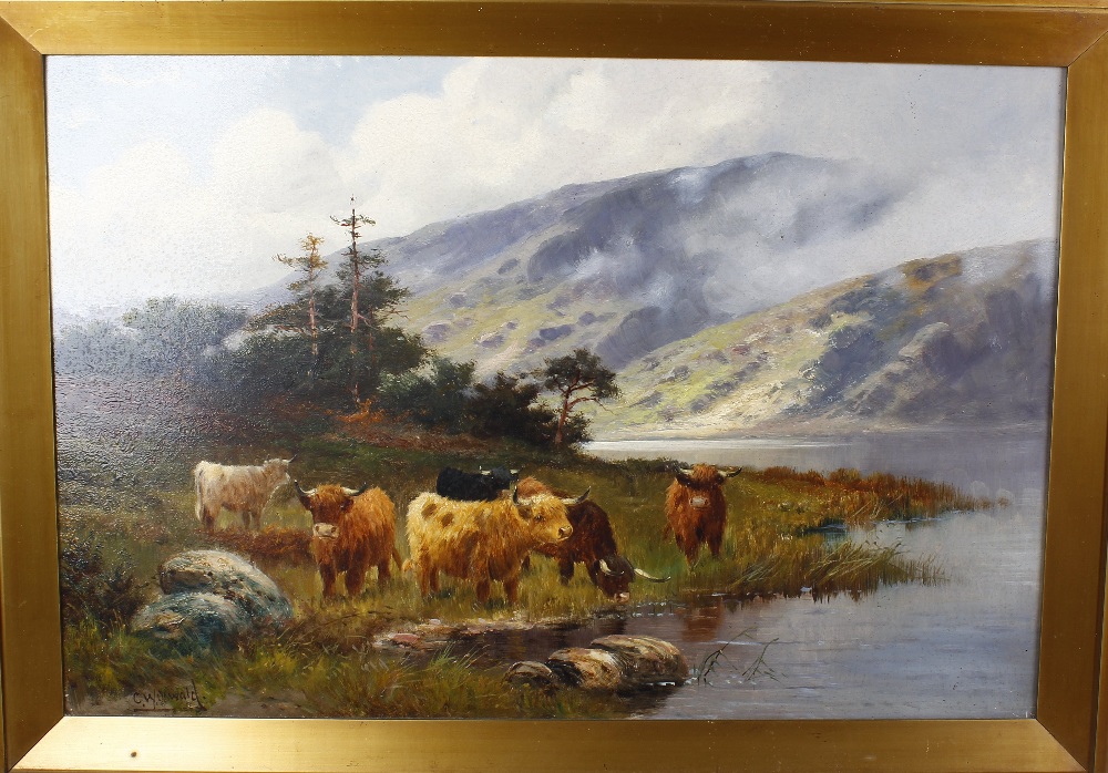 Charles W. Oswald (fl. 1890-1899) A pair of oils on canvas Landscapes with highland cattle Signed - Image 3 of 4