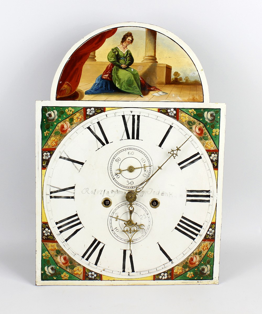 Two longcase clock dials and movements The first white-painted, of 14-inch break-arched form with