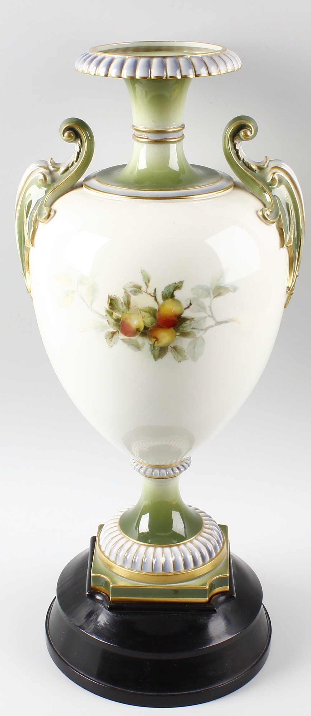 A large Royal Worcester porcelain twin handled vase, the ovoid shaped body upon a moulded plinth - Image 3 of 4