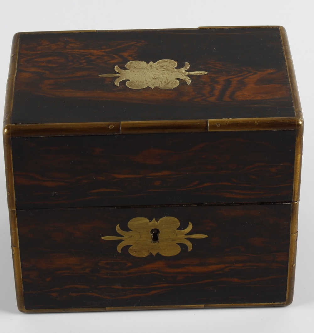 A late Victorian brass-bound coromandel scent casket. Of hinged rectangular form, the cover with - Image 2 of 2