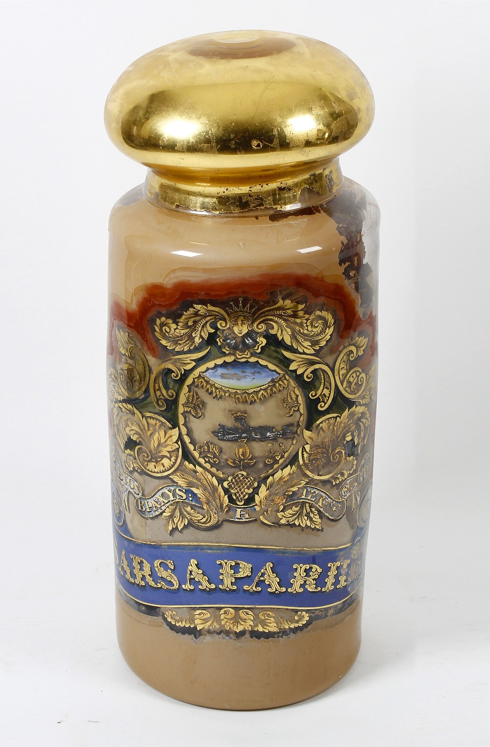 A large and impressive late Victorian decorated glass Sarsaparilla jar, of cylindrical form with