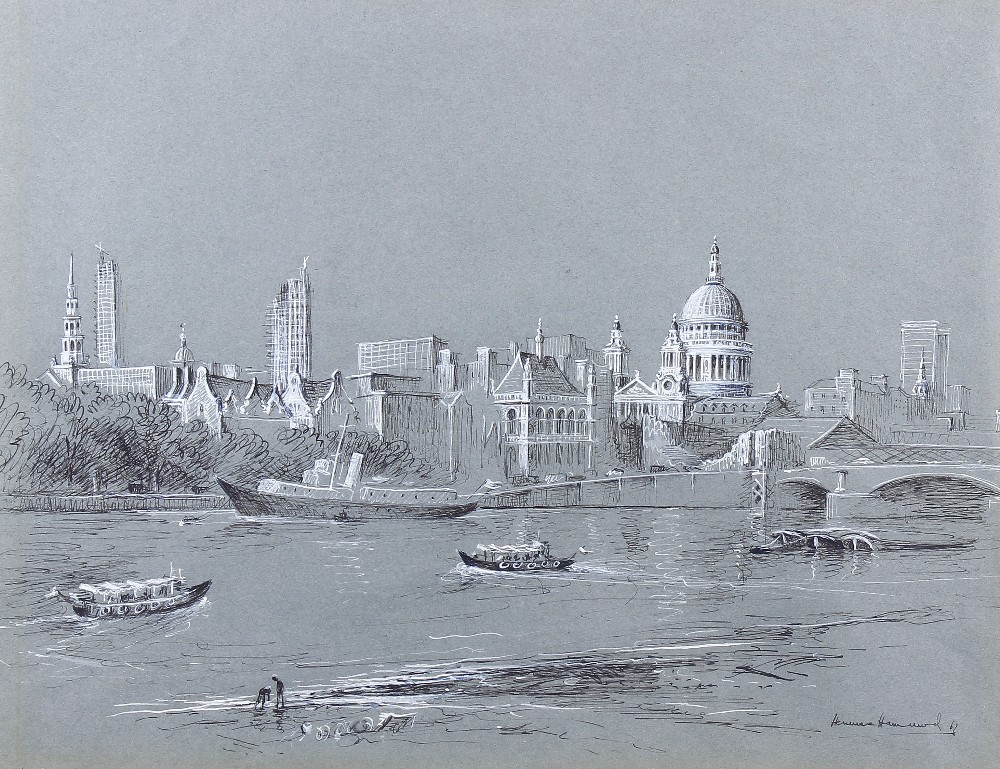 Hermione Hammond (mid 20th century) River Thames with St Paul's Cathedral in distance, Ink and