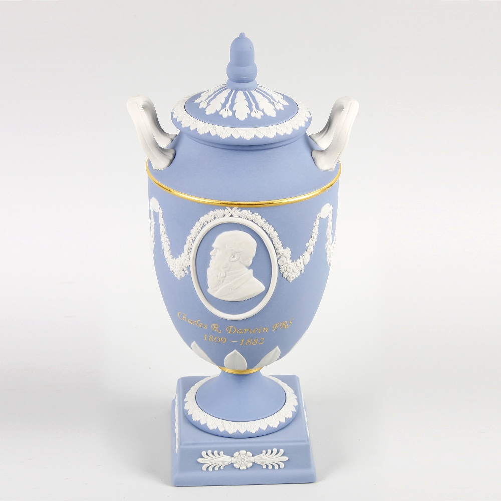 A unique Wedgwood blue Jasperware vase and cover. Commemorating the life of Charles Darwin (1809 -