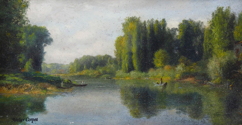 Attributed to Charles Etienne Corpet (French, 1831-1903)St. Maur', a river scene with figures