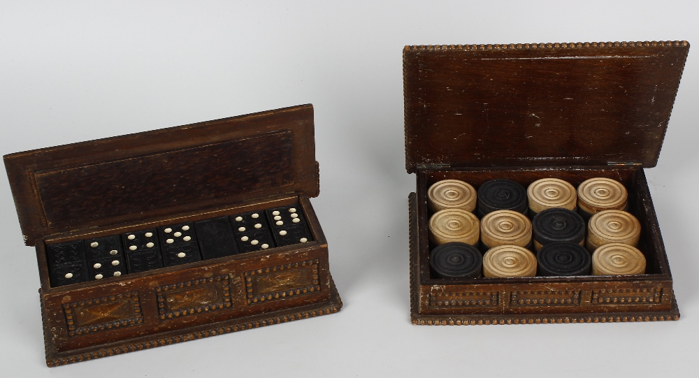 A box containing an early 20th century oak cased set of dominoes, a similar set of draughts, a - Image 2 of 2