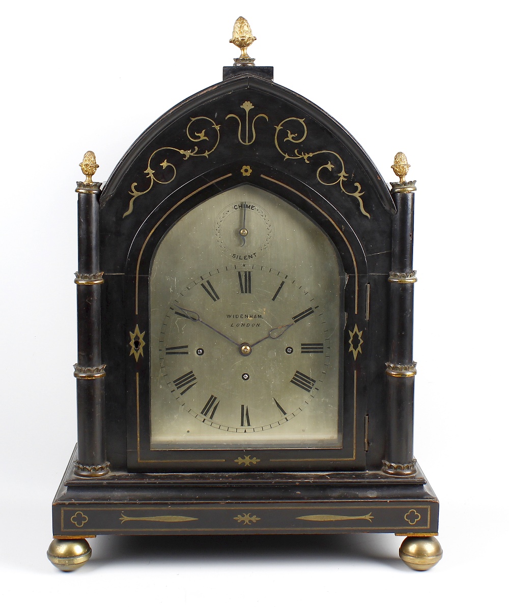 An early Victorian gothic revival ebonised triple fusee bracket or table clock Widenham, London