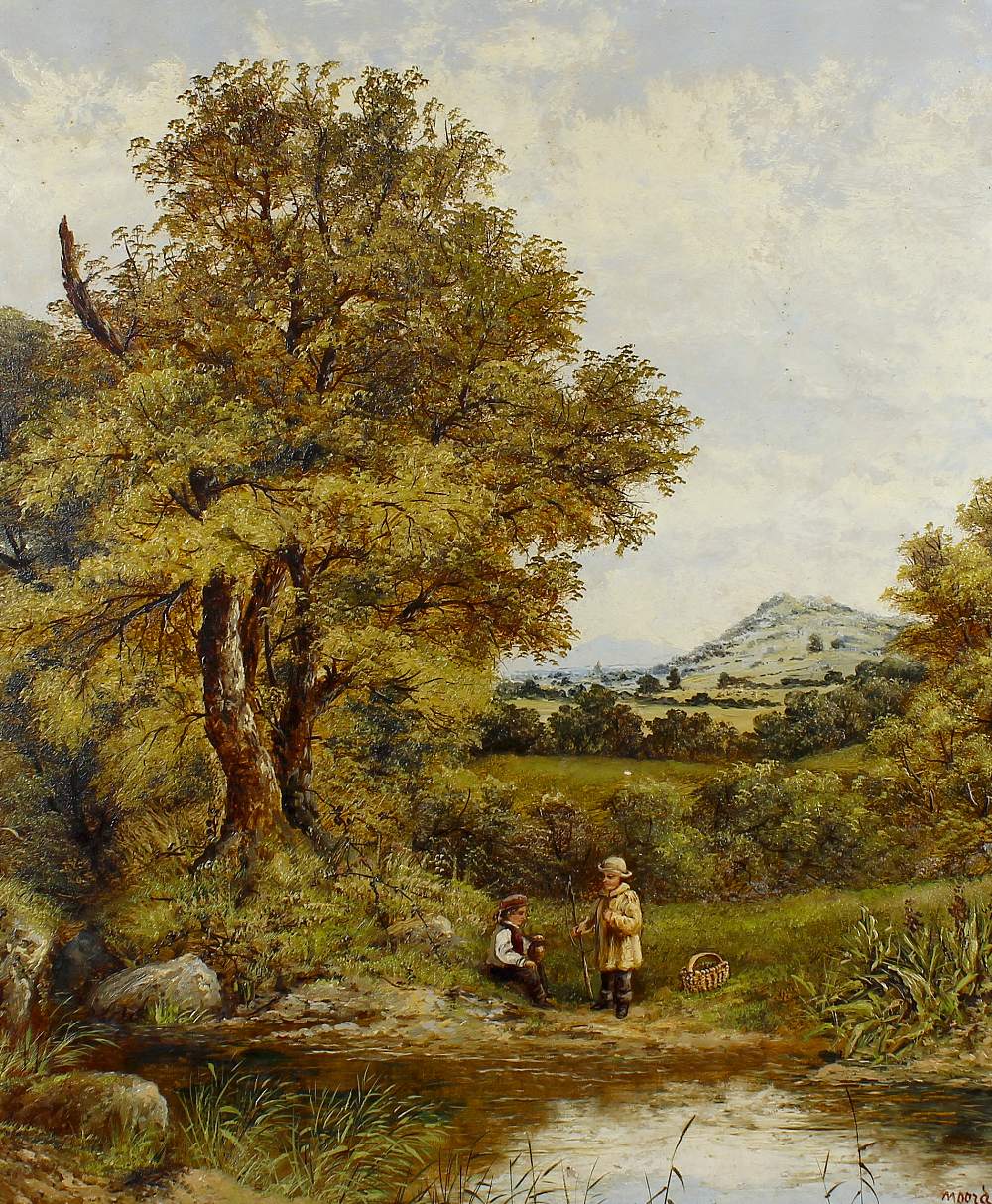 Oil on canvas Rural scene with two figures beside a stream Signed 'Moordale' to lower right hand