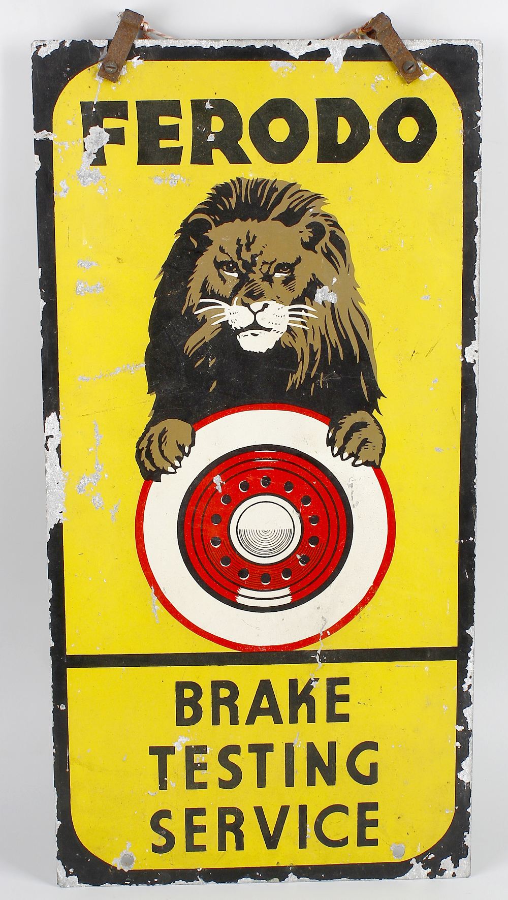 Advertising interest: an enamel sign, 'Ferodo Brake Testing service'. Of slender rectangular form,
